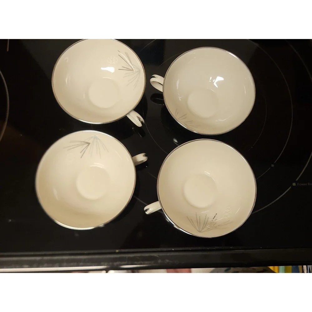 Set Of 4 Vintage MCM Franciscan Silver Pine Tea Cup & Saucer Sets Very Nice